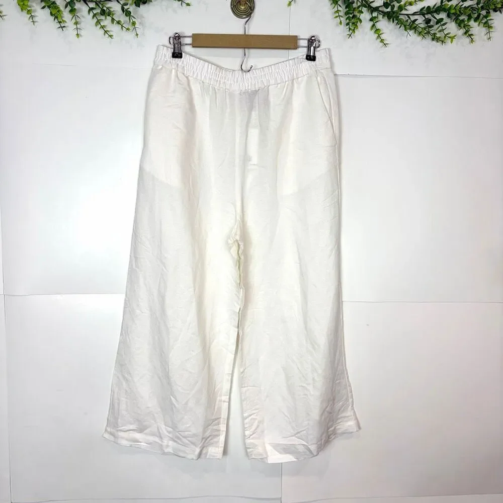 NWT H&M Linen Blend Pants Womens Medium White Elastic Waist Wide Leg Pull On